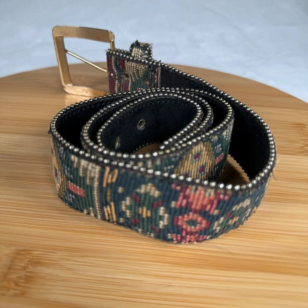 Vintage Absolutely Fresh Woven Tapestry Belt Womens Gold Buckle 33.5in Bohemian